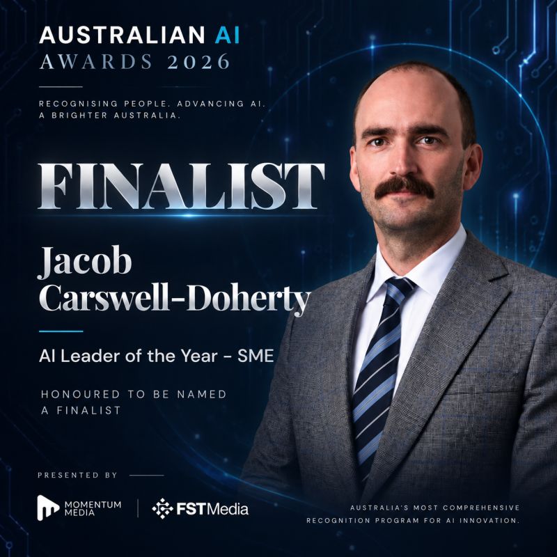 Australian AI Awards 2026 finalist tile naming Jacob Carswell-Doherty in the category AI Leader of the Year, SME